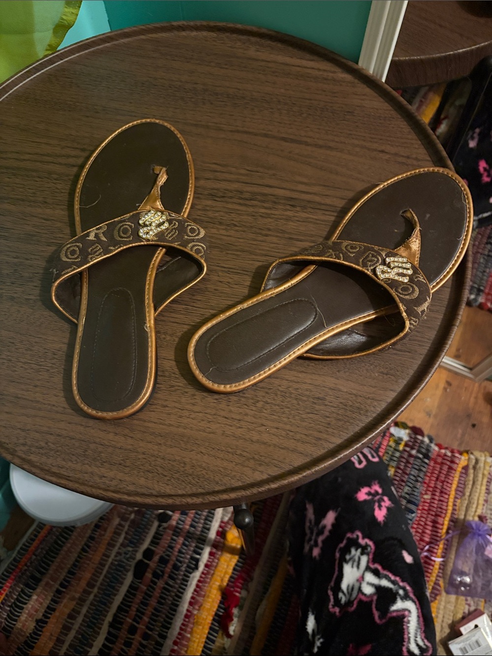 Women's Brown Logo-Pattern Slide Sandals with Gold Accent